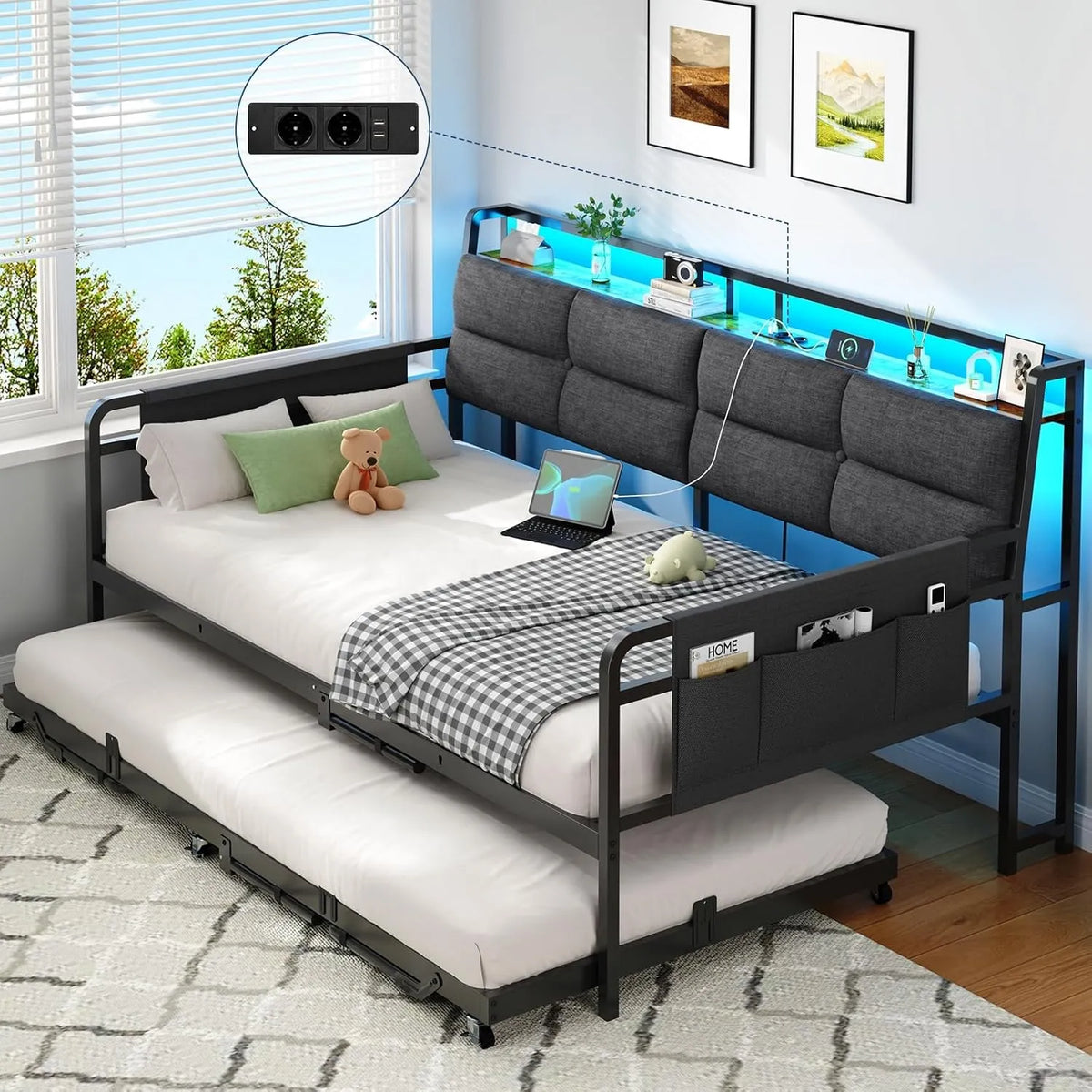 Canapé-lit Convertible avec Rangement et Éclairage LED, 90x200 cm/180x200 cm, Dossier Capitonné Gris