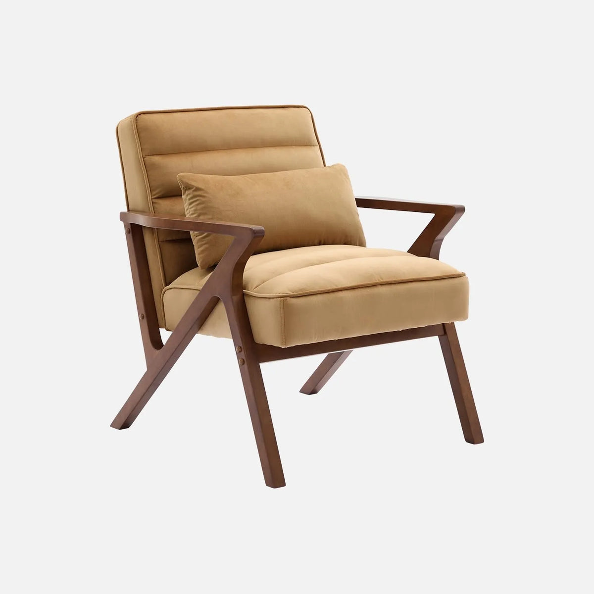 Fauteuil Scandinave en Bois d'Hévéa et Velours Couleur Camel