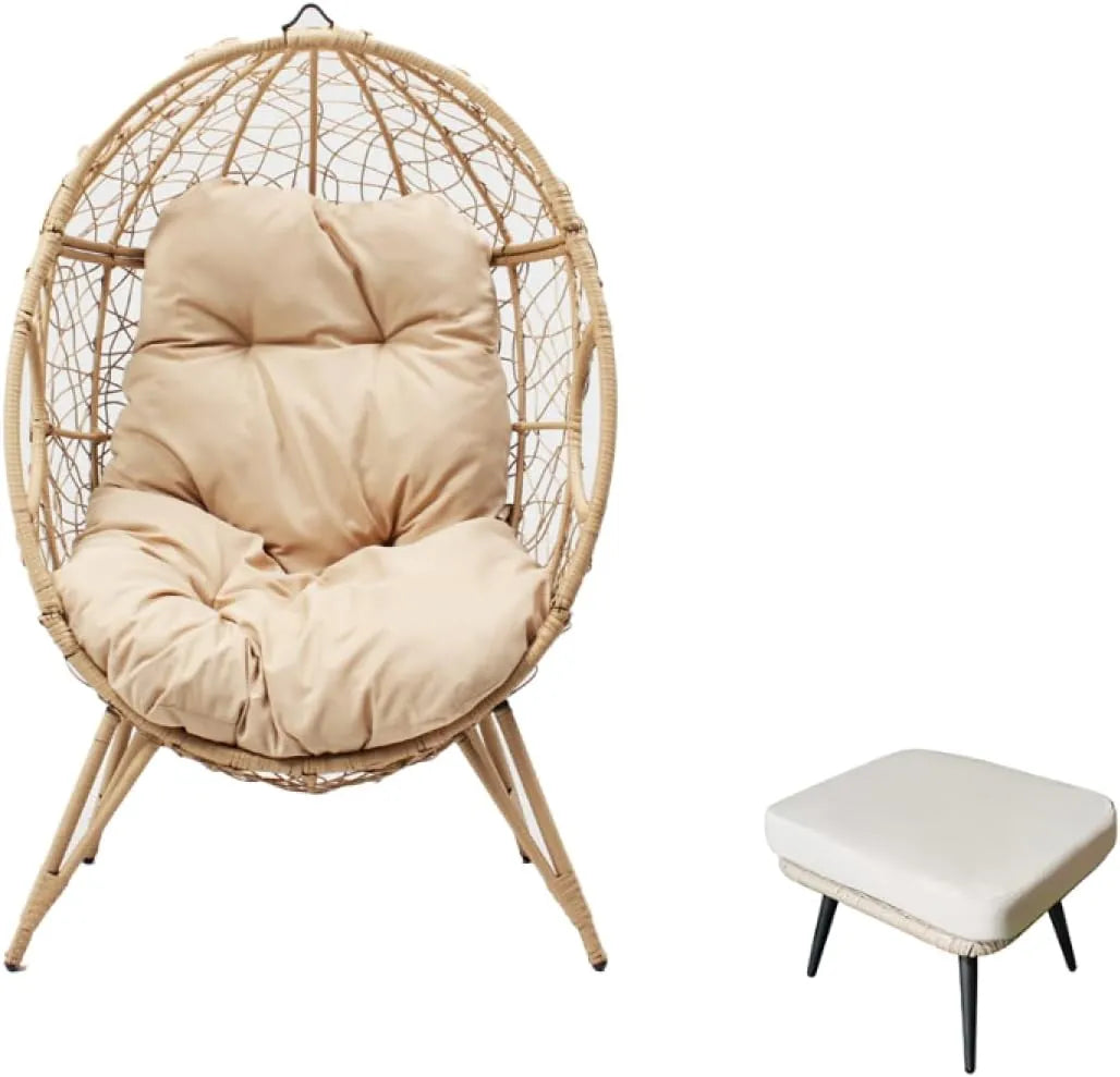 Chaise Suspendue en Résine Tressée avec Repose-Pieds Beige - Structure Acier, Coussin Résistant à l'Eau