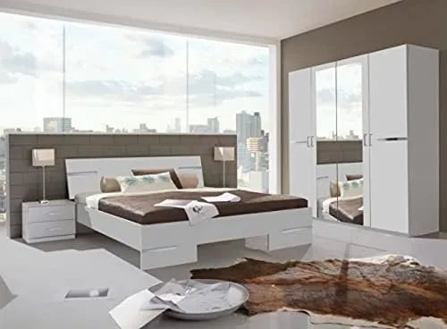 Ensemble de Chambre Adulte Moderne avec Lit 140x200cm, Tables de Chevet et Armoire - Blanc et Chrome