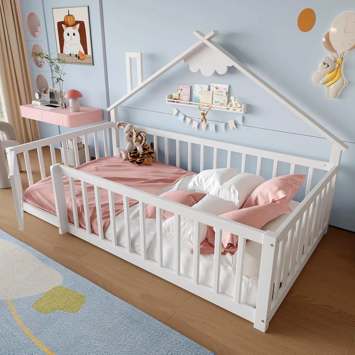 Maison de Lit pour Enfant 90x190 cm avec Barrière de Sécurité, Lit au Sol Montessori, Structure en Bois de Pin, Blanc