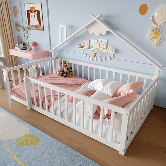 Maison de Lit pour Enfant 90x190 cm avec Barrière de Sécurité, Lit au Sol Montessori, Structure en Bois de Pin, Blanc