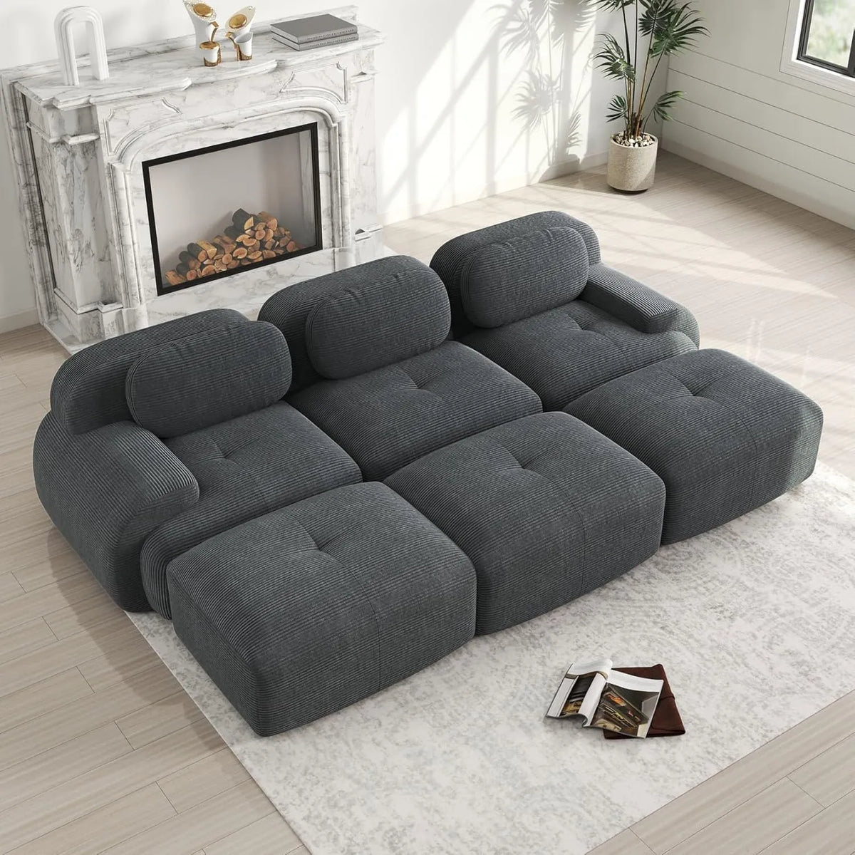 Canapé d'Angle Modulable en Velours Côtelé avec Poufs et Accoudoirs Ergonomiques, Revêtement Antidérapant, Confort à Haute Élasticité pour Salon et Cinéma Maison (Gris)