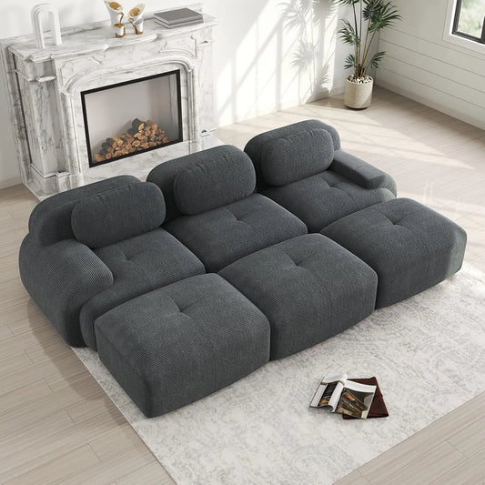 Canapé d'Angle Modulable en Velours Côtelé avec Poufs et Accoudoirs Ergonomiques, Revêtement Antidérapant, Confort à Haute Élasticité pour Salon et Cinéma Maison (Gris)