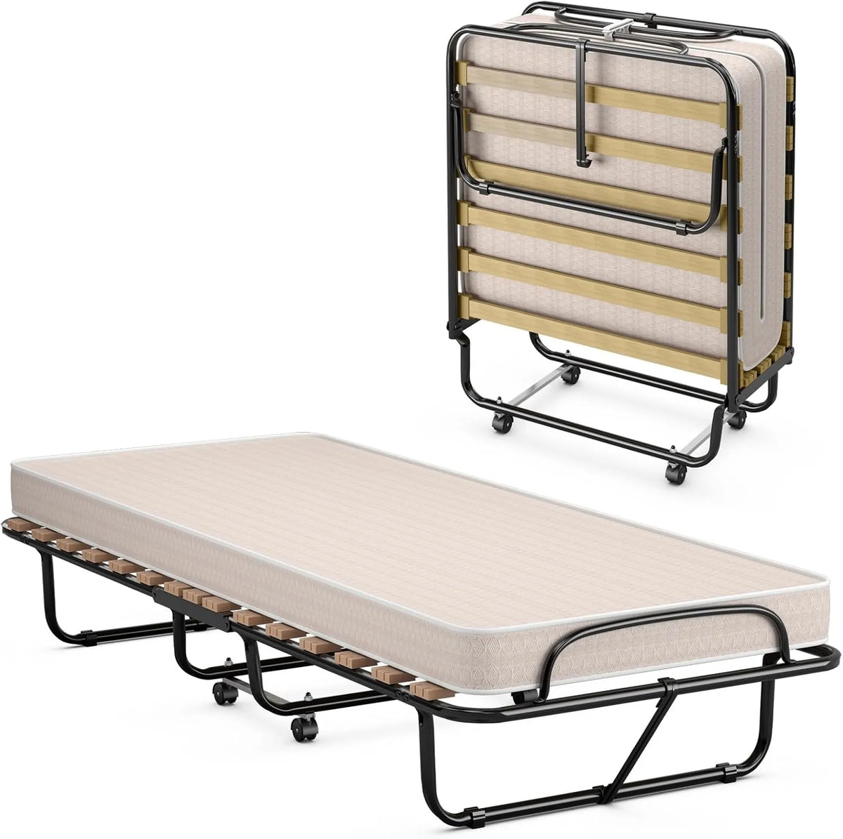 Lit Pliable 1 Personne avec Matelas Mémoire et Sommiers en Bois, Beige