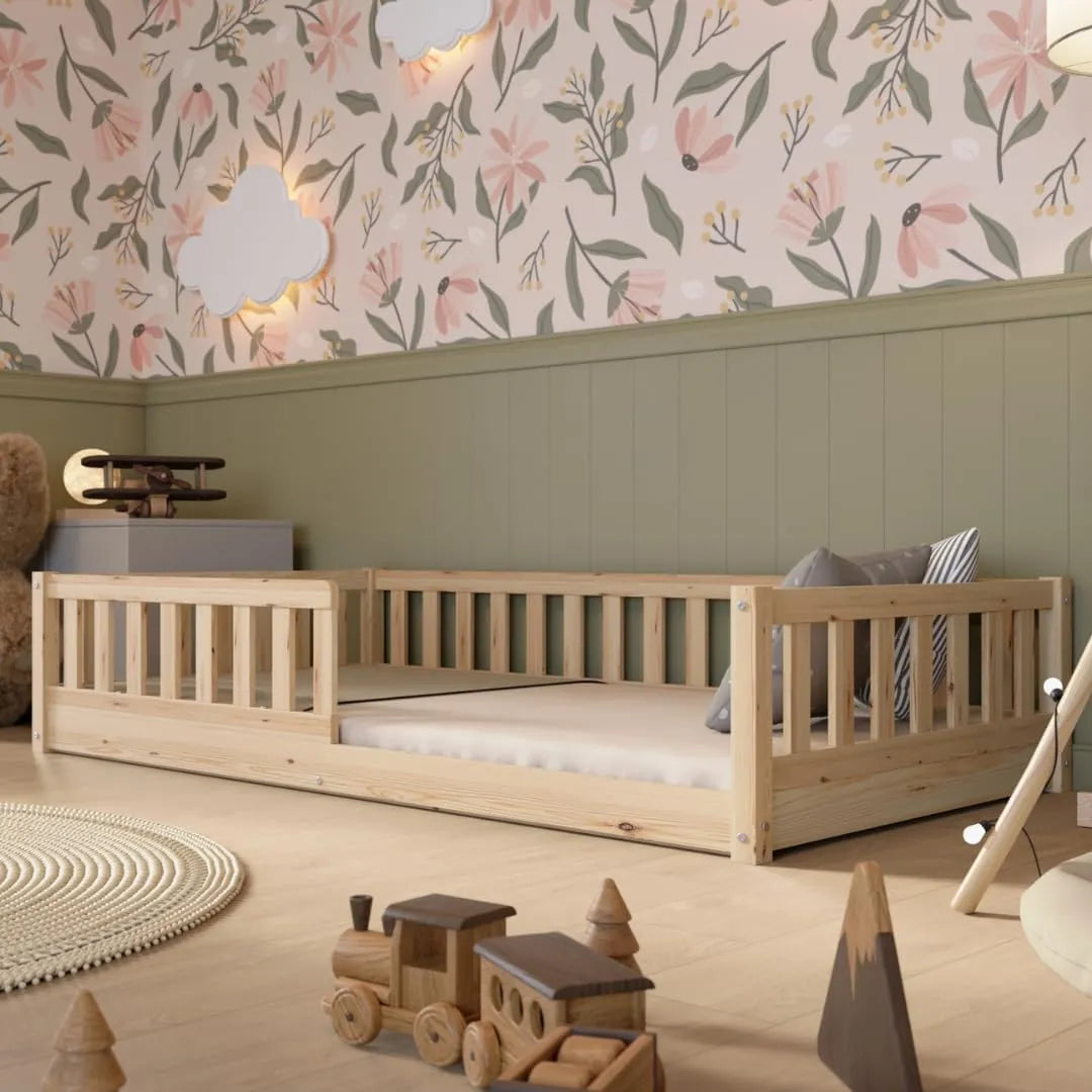Lit Montessori en Bois avec Barrières de Sécurité - Design Scandinave - Facile à Assembler - 90 x 200 cm