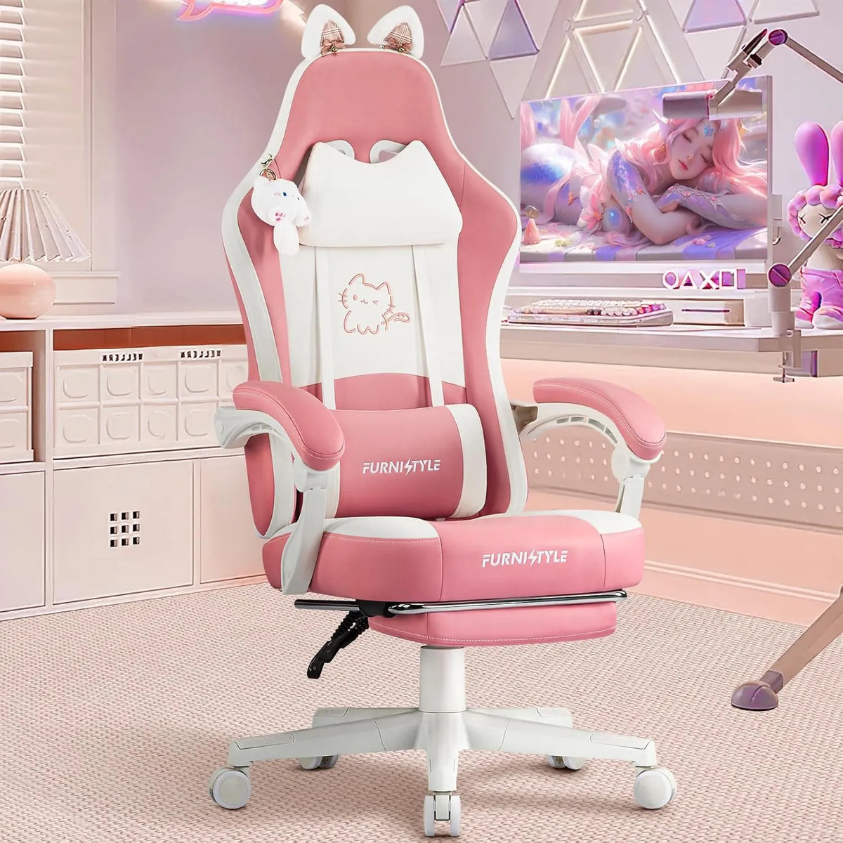 Chaise Gamer Ergonomique Rose, Fauteuil avec Repose-Pieds et Oreilles de Chat, Cuir PU pour Adolescents et Enfants