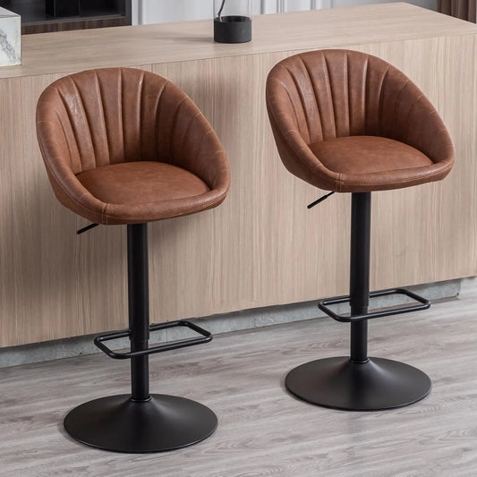 Ensemble de 2 Tabourets de Bar Ajustables en Cuir PU Marron, Chaises Hautes Confort pour Cuisine Moderne