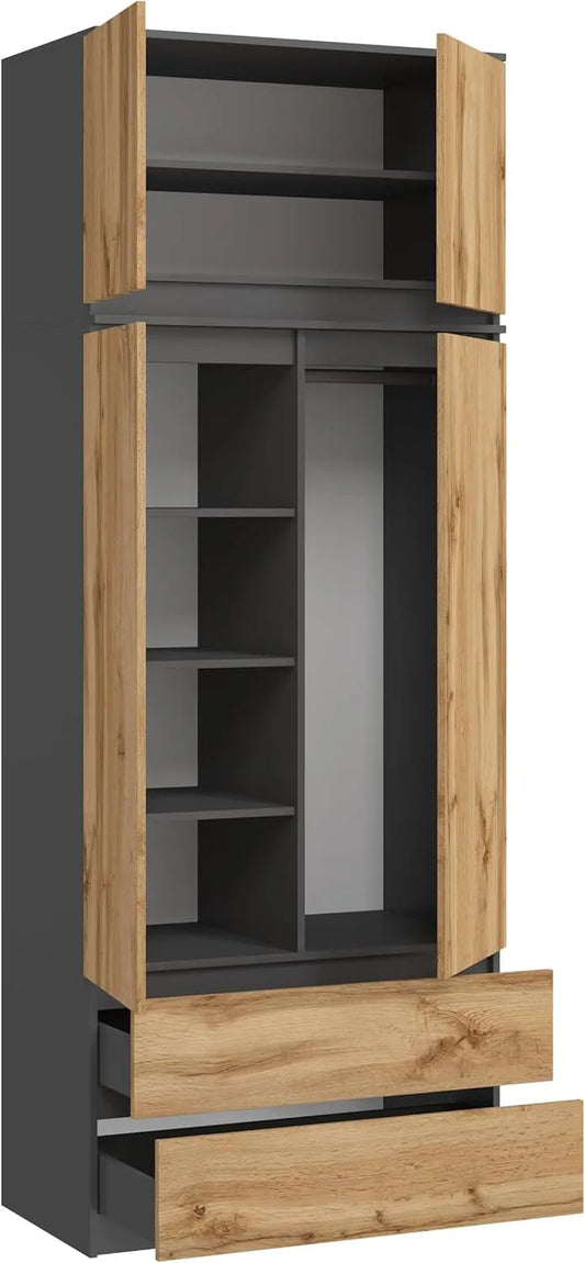 Armoire Moderne Monia, 2 Portes et 2 Tiroirs, Étagères Ajustables, Métal Robuste, Chambre ou Bureau, Anthracite/Chêne Wotan, 235x90x50 cm