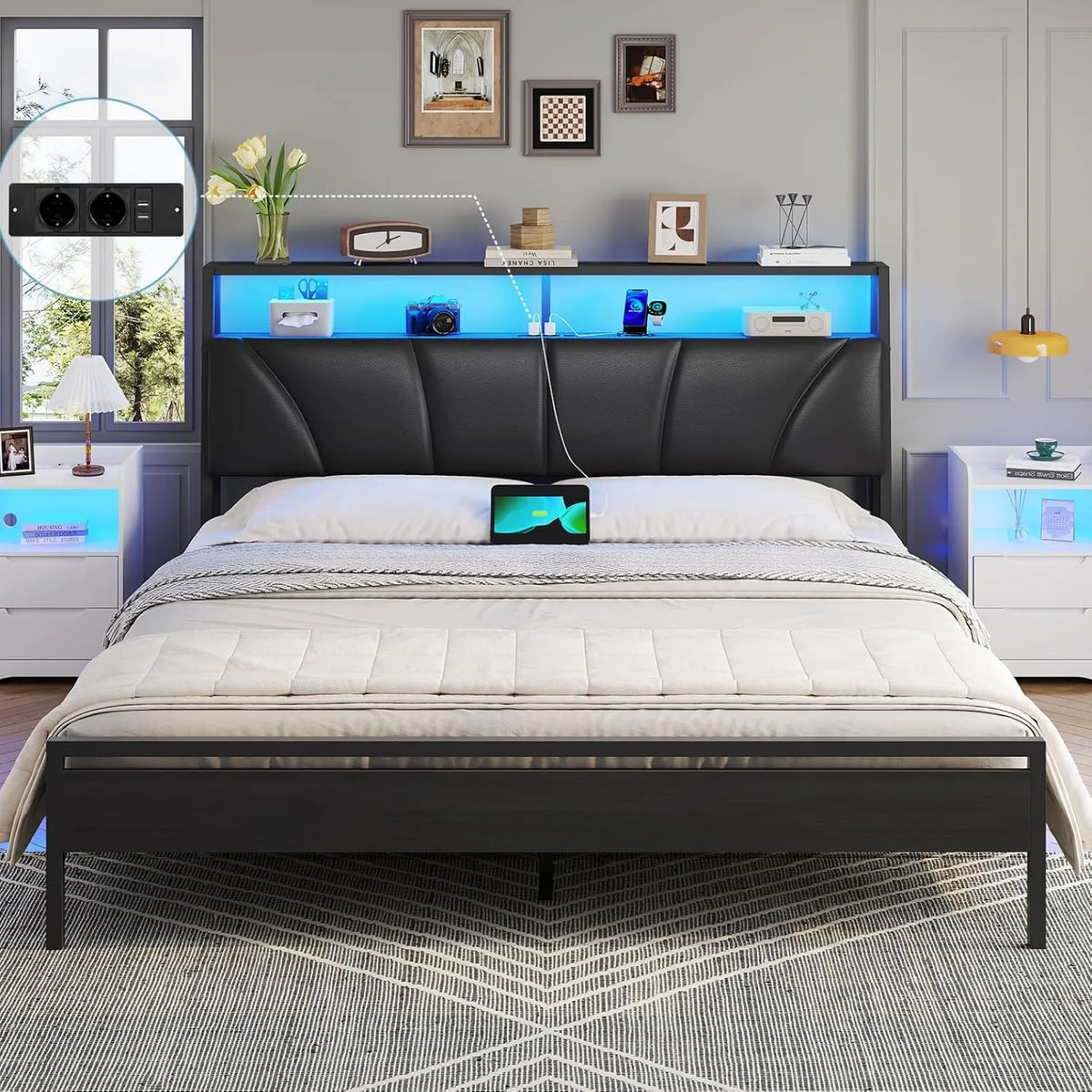 Lit Double 180x200 avec Sommier Métal et Éclairage LED, Cadre Moderne avec Ports USB et Rangement, Tête Rembourrée en Cuir Noir