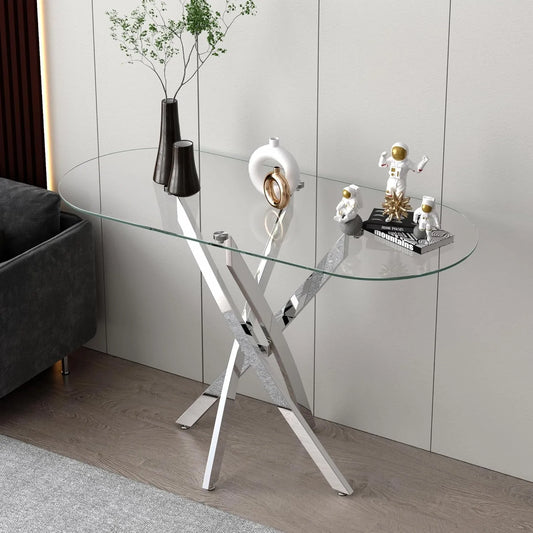 Console moderne en verre avec pieds chromés pour entrée ou salon