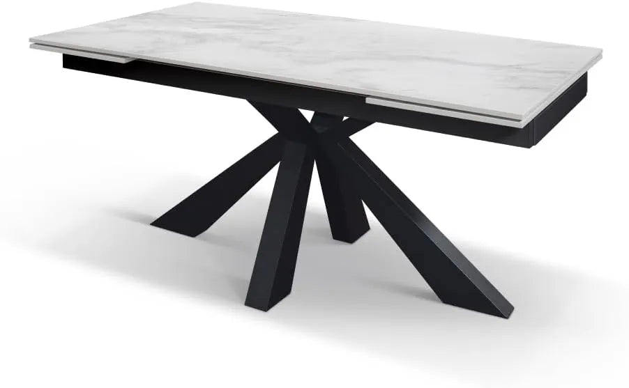 Table à manger extensible moderne Luciano en céramique blanche et métal noir 160x90 cm