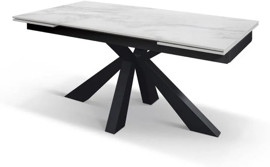 Table à manger extensible moderne Luciano en céramique blanche et métal noir 160x90 cm