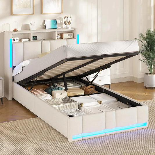 Lit Double 90x200 cm avec LED et Ports USB, Rangement Intégré, Tête de Lit Capitonnée en Lin Beige