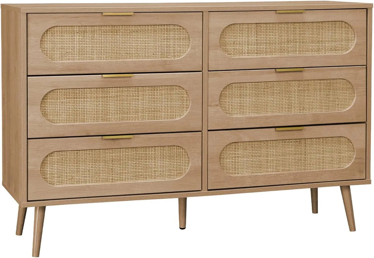 Sweeek Commode 6 Tiroirs Bois et Cannage Arrondi 120x39x79 cm