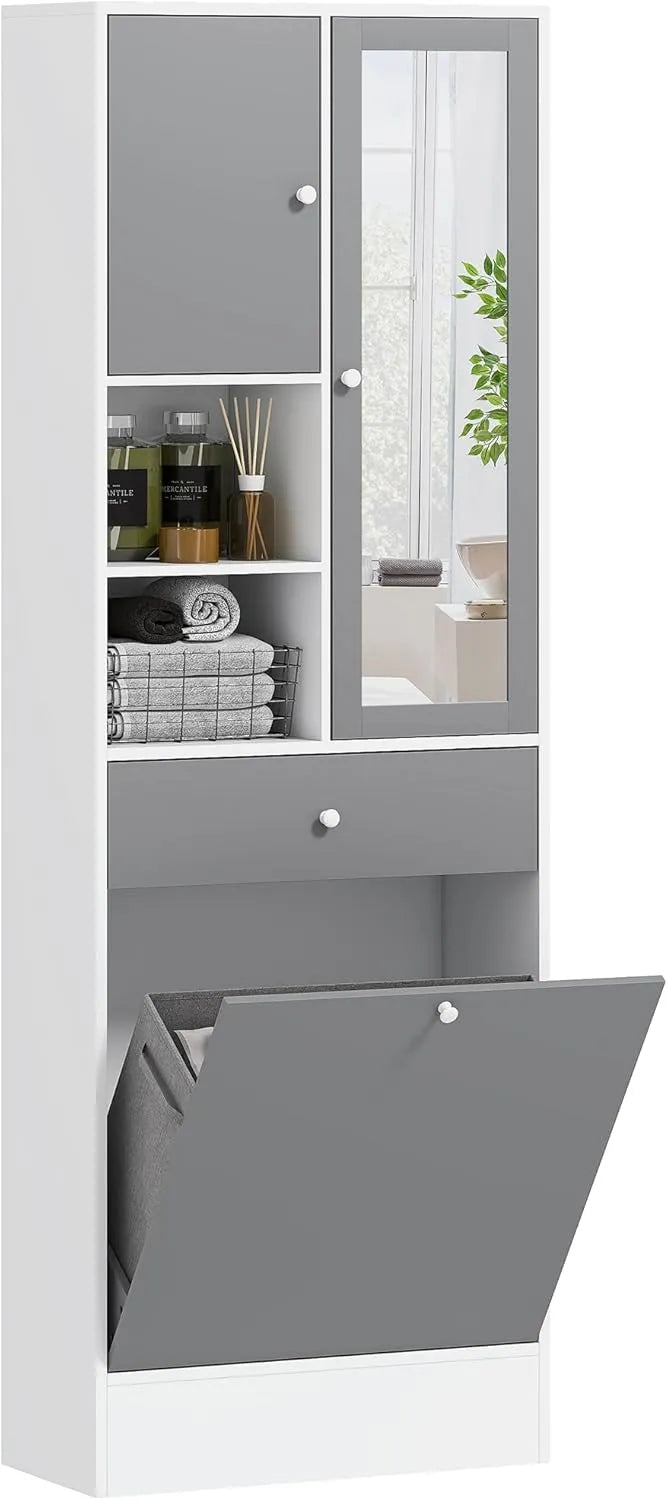 Armoire de Salle de Bain Multifonctionnelle Gris et Blanc avec Miroir et Bac à Linge