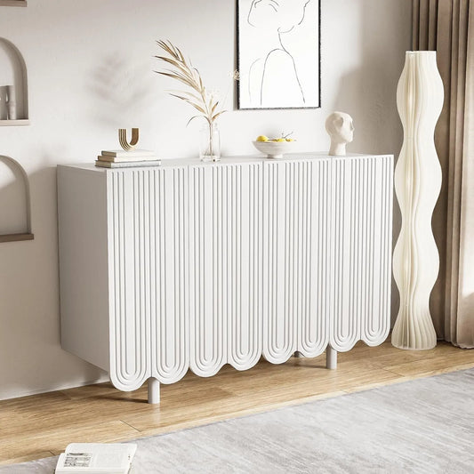 Buffet Décoratif Blanc avec 4 Portes, Charnières Amorties, 120x37.5x80.8cm pour Salon ou Salle à Manger