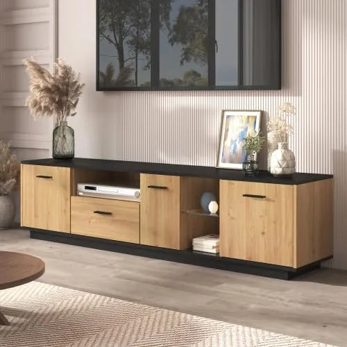 Meuble TV Industriel avec Éclairage LED, 3 Portes et Étagère en Verre, Noir et Bois Massif 180x40x45cm