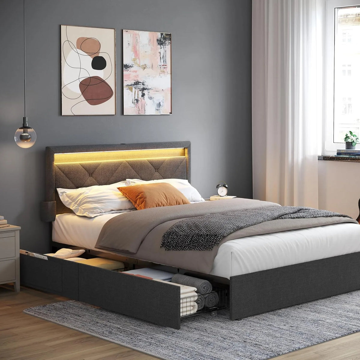 Lit Double 140x190 cm avec LED et Tiroirs, Multiprise Intégrée, Métal et Tête Rembourrée, Sans Sommier, Gris et Noir