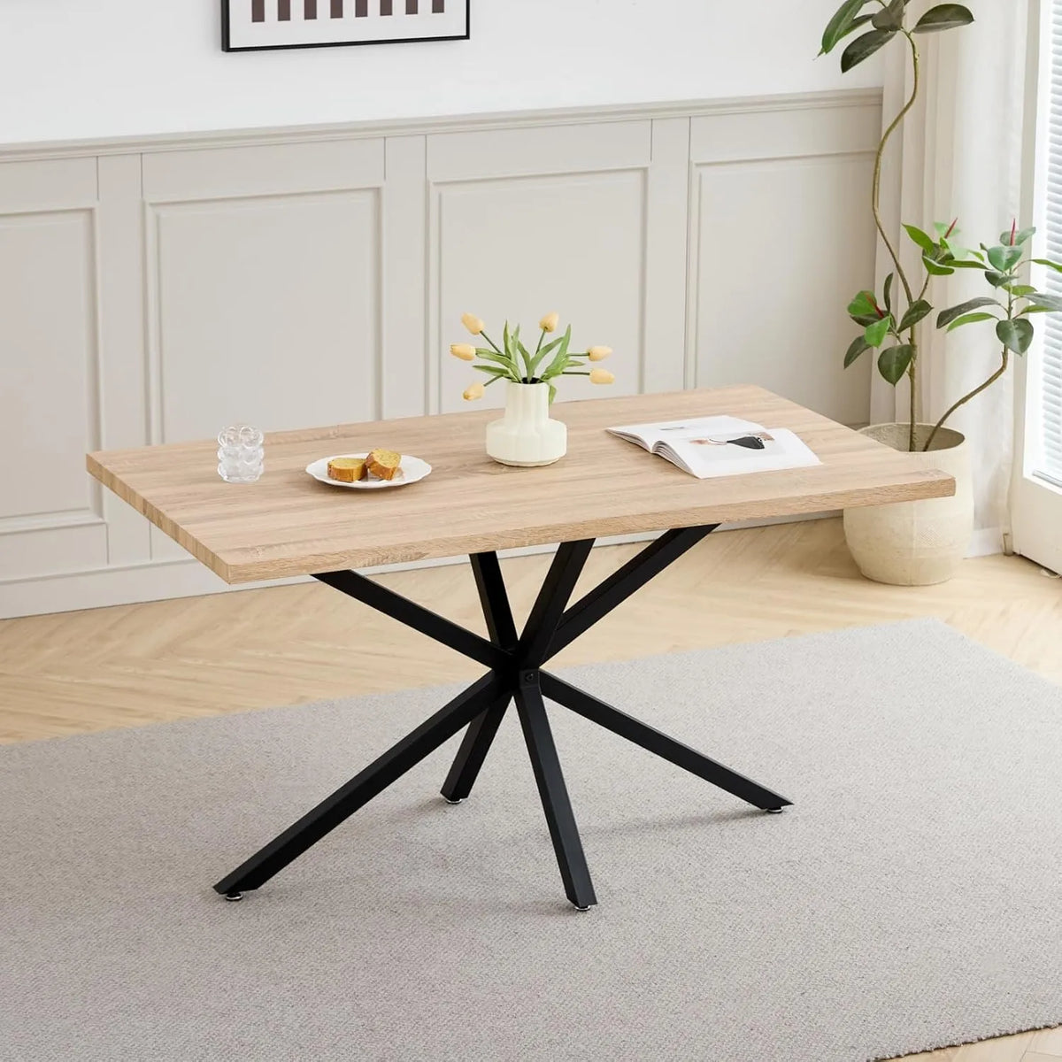 Table à Manger 140 cm GrandCA HOME, Style Moderne et Minimaliste, Pieds en Métal, Parfaite pour Salon et Salle à Manger, Teinte Chêne