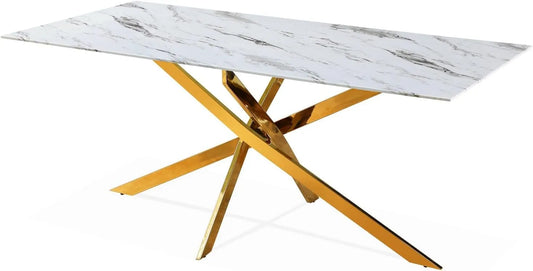 Table Rectangulaire en Verre Effet Marbre avec Pieds Dorés - Jodie