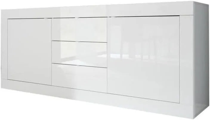 Buffet Moderne Blanc Brillant avec Portes et Tiroirs - 210 x 86 x 43 cm