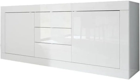 Buffet Moderne Blanc Brillant avec Portes et Tiroirs - 210 x 86 x 43 cm