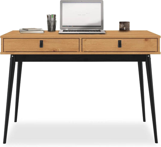 Bureau en Bois Massif Wanda avec Tiroirs, Chêne et Noir, Design Moderne