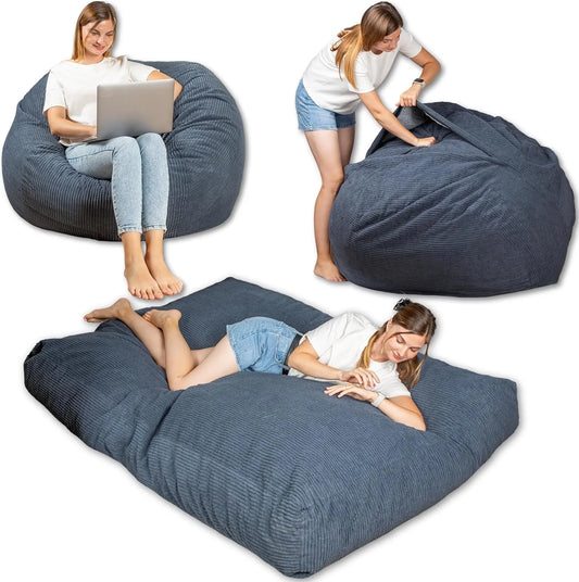 Pouf Lit Convertible en Velours Bleu Nuit - Matelas d'Appoint Confortable