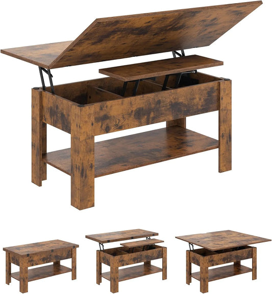 Table Basse Multifonction 3 en 1 avec Rangement, Table Relevable et Pliante pour Salon et Bureau, Marron