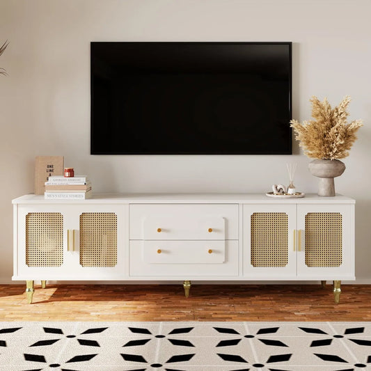Buffet TV rétro avec rangements, poignées dorées, portes en rotin et pieds métalliques, pour salon (blanc, 175 x 38 x 55,5 cm)