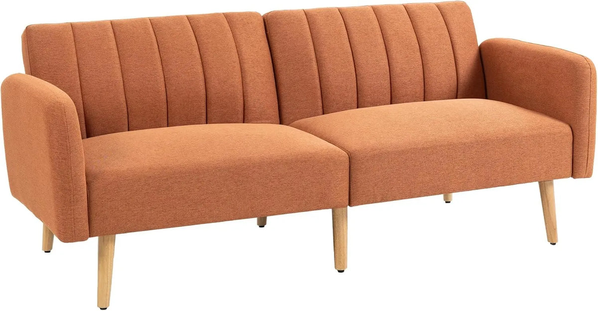 Canapé-Lit Scandinave 2 Places, Dossier Réglable, Pieds en Bois, Tissu Aspect Lin, Marron