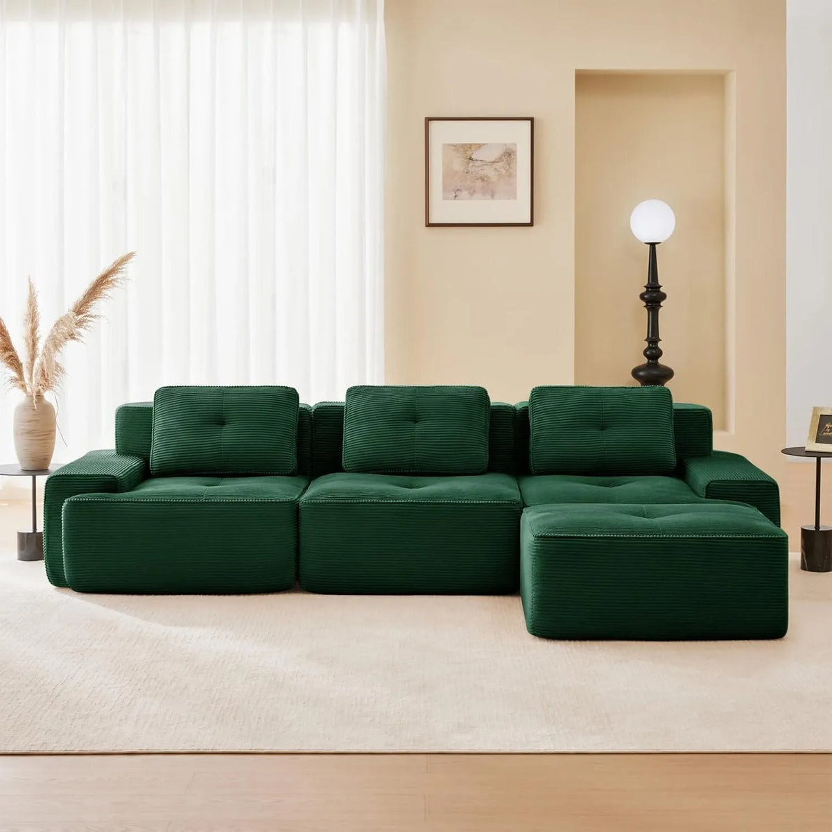 Canapé en L modulable en velours côtelé vert avec repose-pieds, 3 places, pour salon moderne