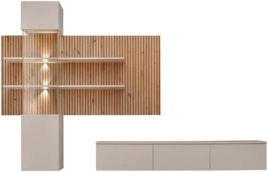 Ensemble Mural ALVANO avec Éclairage LED (Beige et Chêne) - Panneau, Vitrine et Meuble TV