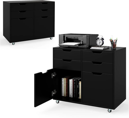 Armoire de Bureau Mobile avec Tiroirs et Portes, 5 Roulettes, 73 x 40 x 64,5 cm, Noir