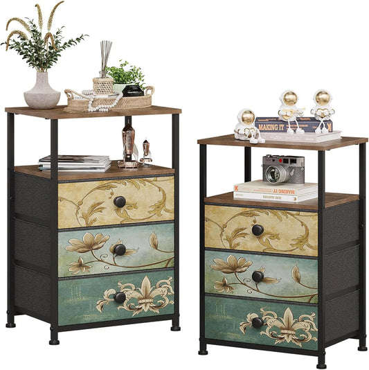 Ensemble de 2 commodes bohémiennes à 3 tiroirs avec étagère pour chambre ou salon