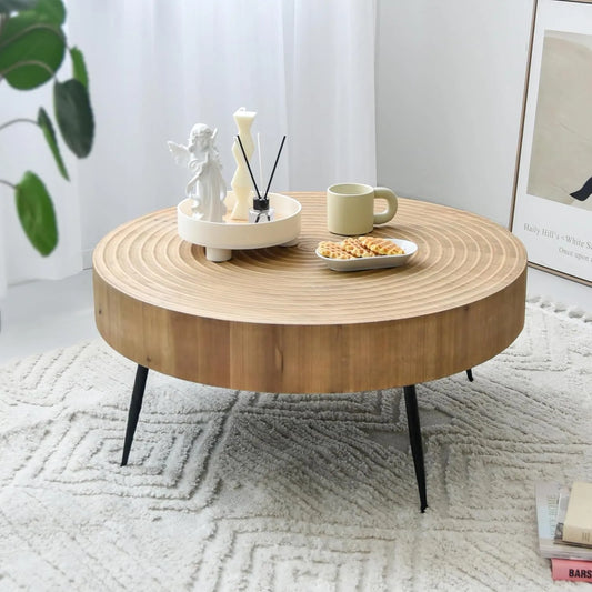 Table Basse Ronde en Pin avec Pieds en Fer, Finition Vintage, 60x60x42 cm