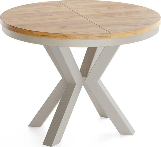 Table à Manger Ronde Extensible Style Industriel - Pieds Métalliques Gris Beige - Table Compacte pour Salon - Chêne Doré - 100 à 180 cm