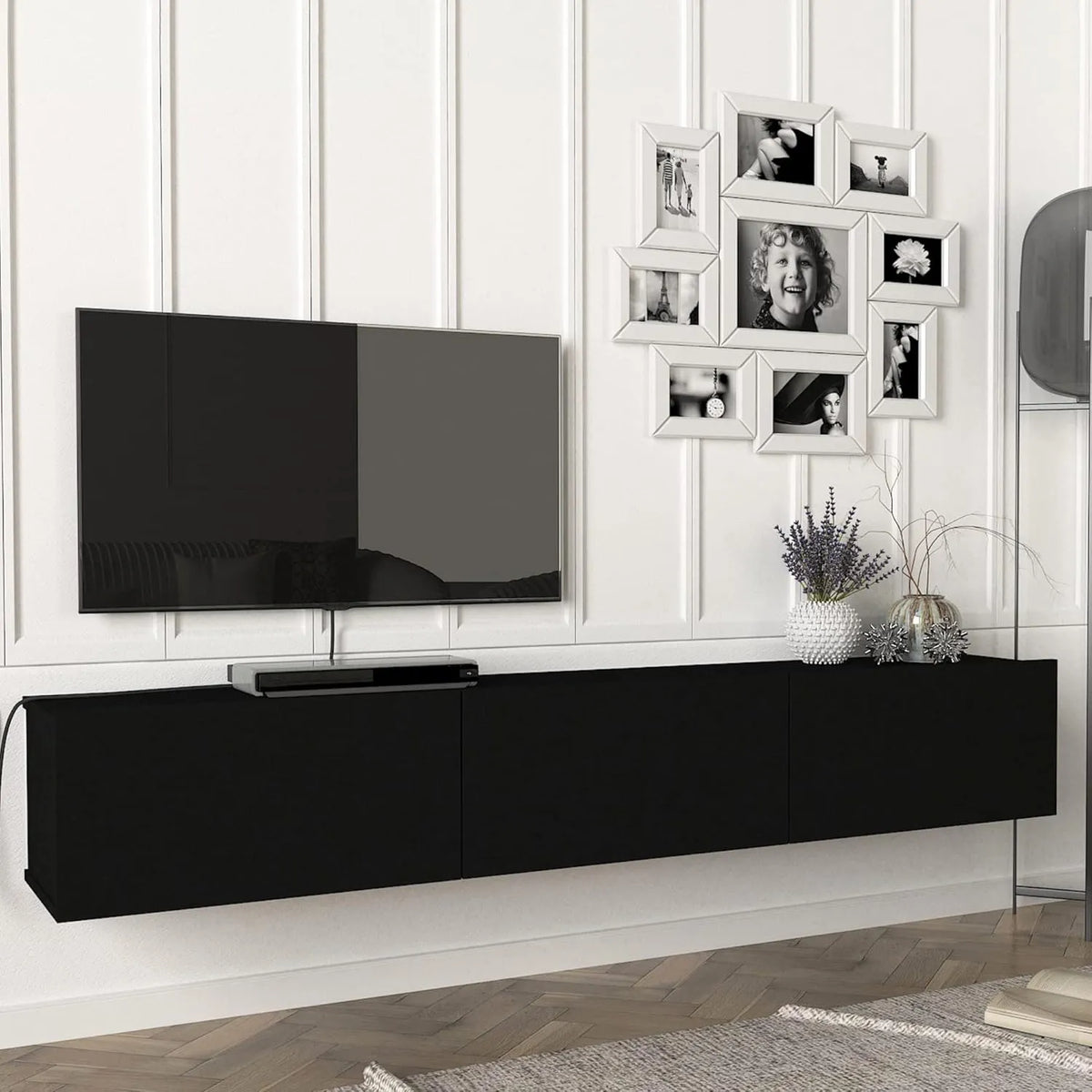 Meuble TV Mural Noir avec Étagères Fermées et Rangement Flottant 180x31x29,5 cm