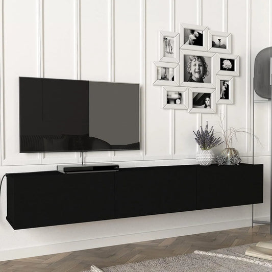 Meuble TV Mural Noir avec Étagères Fermées et Rangement Flottant 180x31x29,5 cm