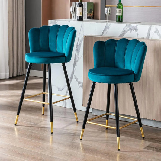 Tabourets de Bar en Velours Lot de 2, Chaises Hautes Modernes avec Coussin Rembourré, Design Élégant pour Cuisine, Bleu Sarcelle