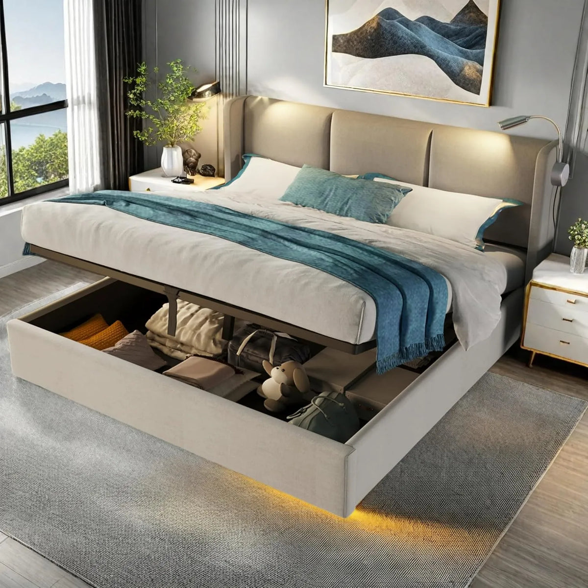 Lit double capitonné adolescent 160x200 cm avec rangement et tête de lit USB