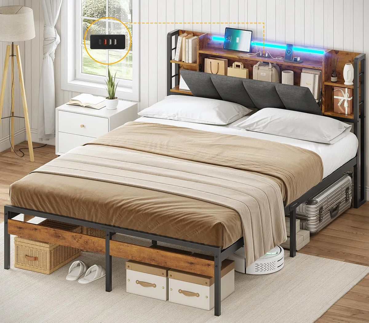 Lit 140x200 avec Sommier LED et Rangement Intégré, AOGLLATI - 5 Compartiments Ouverts et 1 Caché, Sans Matelas