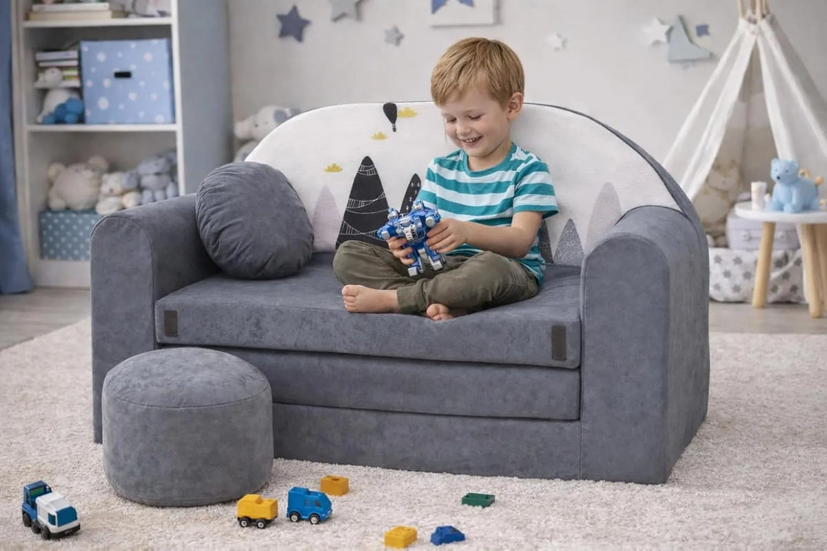 Canapé Lit pour Enfants avec Matelas Amovible et Pouf – 98x168x59 cm – Léger et Compact – Couleur Gris AX2