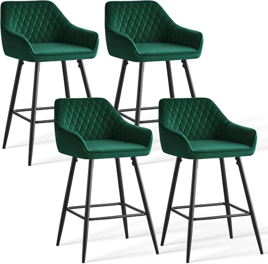 Ensemble de 4 Tabourets de Bar en Velours Vert avec Dossier et Repose-Pieds Métallique