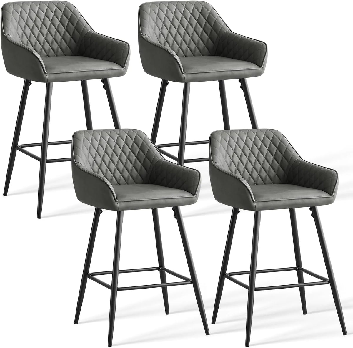 Ensemble de 4 Tabourets de Bar Gris en Similicuir avec Dossier et Accoudoirs, Repose-Pieds Métallique, pour Bistro, Bar et Bureau