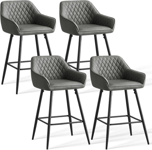 Ensemble de 4 Tabourets de Bar Gris en Similicuir avec Dossier et Accoudoirs, Repose-Pieds Métallique, pour Bistro, Bar et Bureau