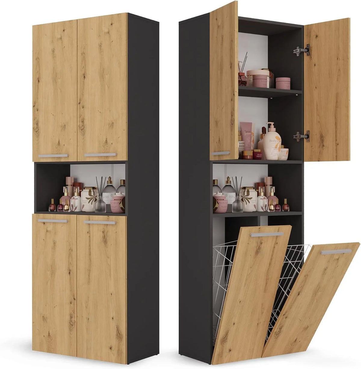 Armoire Haute de Bain avec Étagères Réglables et Paniers à Linge, 4 Portes, Anthracite/Chêne, 60x30x174 cm