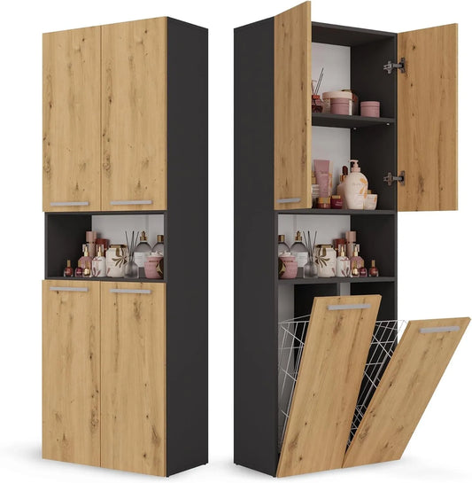Armoire Haute de Bain avec Étagères Réglables et Paniers à Linge, 4 Portes, Anthracite/Chêne, 60x30x174 cm