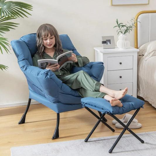 Fauteuil Scandinave Bleu avec Repose-Pieds et Coussin, Support Métal 150 KG, Confort pour Salon et Chambre